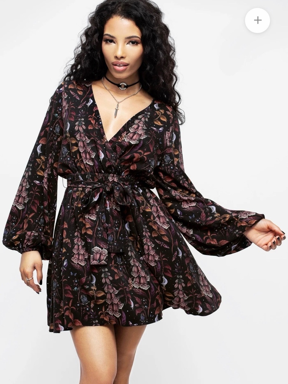 Disturbia Black Floral Wrap Dress with Mauve Accents